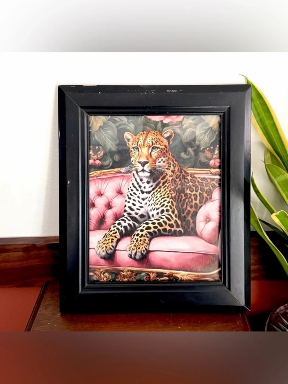 Fancy Leopard on a Pink Couch Moody Floral Canvas Print Black Framed Wall Art